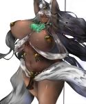  1girl animal_ears armpits arms_up breasts cat_ears cleavage dark_skin egyptian gond green_eyes grey_hair highres huge_breasts long_hair looking_at_viewer navel original simple_background solo very_long_hair white_background 