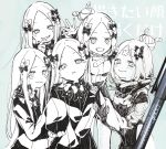  5girls :d abigail_williams_(fate/grand_order) background_text bangs blush bow closed_mouth crossed_bandaids crying crying_with_eyes_open dress eyebrows_visible_through_hair fate/grand_order fate_(series) forehead green_eyes hair_bow hair_bun hand_on_another&#039;s_shoulder heroic_spirit_traveling_outfit highres jacket long_sleeves monochrome multiple_girls no_hat no_headwear open_mouth parted_bangs parted_lips photo sleeves_past_fingers sleeves_past_wrists smile sofra spot_color tears traditional_media translation_request twitter_username 