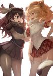  2girls :d animal_ears antlers backlighting black_eyes black_hair black_legwear blonde_hair breasts contrapposto cropped crossed_arms eye_contact fangs hair_between_eyes hand_on_hip highres impossible_clothes impossible_shirt kemono_friends lack large_breasts lion_(kemono_friends) long_hair looking_at_another moose_(kemono_friends) multiple_girls necktie open_mouth pantyhose plaid pleated_skirt shirt short_sleeves simple_background skirt smile tail thighhighs upper_teeth white_background white_legwear 
