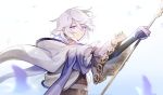  1boy bangs blue_eyes braid fingerless_gloves gloves granblue_fantasy hair_between_eyes highres holding holding_weapon hood long_hair looking_at_viewer male_focus noa_(granblue_fantasy) pale_skin silver_hair single_braid smile staff tg_(tg_c_apple) weapon 