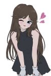  1girl black_dress blue_(pokemon) blue_eyes blush breasts brown_hair dress gloves highres long_hair looking_at_viewer minapo open_mouth pokemon pokemon_special simple_background sleeveless smile solo white_background 
