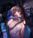  1girl 1other amiya_(arknights) animal_ears arknights ascot bangs bare_shoulders black_gloves blue_jacket blush breasts brown_hair bunny_ears bunny_girl clothes_writing commentary_request doctor_(arknights) from_above gloves green_eyes grey_neckwear hair_over_one_eye highres jacket long_hair long_sleeves lying medium_breasts necktie nipples no_bra on_back open_clothes open_jacket pov see-through shirt sleeveless sleeveless_shirt solo_focus tears ten_no_hoshi upper_body window_shade wrist_grab 