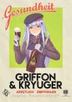  1girl alcohol beer black_headwear blush bottle breasts cup drinking_glass drunk girls_frontline gloves green_eyes grey_hair grin hat highres hk416_(girls_frontline) holding holding_bottle holding_cup iron_cross jacy long_hair long_sleeves looking_at_viewer medium_breasts parted_lips smile solo teeth translation_request white_gloves 