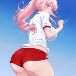  1girl ass bangs blue_background blush breasts buruma gym_shirt gym_uniform hands_up highres hololive hololive_english impossible_clothes large_breasts long_hair looking_at_viewer looking_back mori_calliope open_mouth p-nekoe pink_hair ponytail red_buruma red_eyes shirt solo virtual_youtuber 