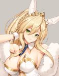  1girl ahoge animal_ears artoria_pendragon_(all) artoria_pendragon_(swimsuit_ruler)_(fate) bangs bare_shoulders blonde_hair blue_neckwear braid breasts bunny_ears bunnysuit cleavage closed_mouth commentary_request detached_collar eyebrows_visible_through_hair fake_animal_ears fate/grand_order fate_(series) french_braid fur_trim green_eyes high_ponytail jewelry large_breasts leotard lips looking_at_viewer mini_necktie ponytail shiny shiny_hair shiny_skin smile tiara tony_guisado upper_body white_leotard 