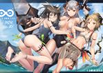  3girls :q absurdres ankle_strap antenna_hair arknights arm_strap ass ass_visible_through_thighs bangs bare_arms bare_legs bare_shoulders barefoot bikini black_choker black_hair black_legwear blonde_hair blue_sky breasts brown_eyes chinese_commentary choker cloud collarbone commentary_request covered_navel day detached_sleeves earrings feet_out_of_frame full_body glasses grey_swimsuit groin gun hair_between_eyes hair_bun hand_up highres holding holding_gun holding_weapon holster horns ifrit_(arknights) jewelry large_breasts letterboxed long_hair looking_at_viewer multiple_girls nail_polish navel one-piece_swimsuit orange_nails parted_lips pointy_hair red_choker red_eyes red_nails rhine_lab_logo sandals saria_(arknights) sarong see-through see-through_sleeves shield short_hair silence_(arknights) silver_hair single_thighhigh sky small_breasts smile stomach swimsuit tail thigh_holster thighhighs thighs toenail_polish tongue tongue_out water weapon white_bikini xo_(xo17800108) 