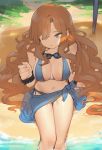  1girl absurdres beach bikini blue_bikini blush breasts brown_hair cleavage goggles goggles_around_neck hair_over_one_eye highres huge_filesize long_hair looking_at_viewer navel original outdoors romana shadow sitting solo swimsuit very_long_hair 
