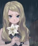  1girl blonde_hair blue_eyes closed_mouth crying flower highres long_hair looking_at_viewer minapo pokemon pokemon_(game) pokemon_xy rain serena_(pokemon) sleeveless solo 