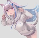  1girl alternate_costume animal_ears bangs blue_hair blunt_bangs breasts cat_day cat_ears cat_tail cowboy_shot enumiyan eyebrows_visible_through_hair fang grey_background hair_ornament hood hoodie lize_helesta long_hair looking_at_viewer medium_breasts multicolored_hair nijisanji open_mouth paw_pose pink_eyes silver_hair simple_background smile solo straight_hair sweater tail thighs two-tone_hair white_sweater 