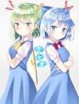  2girls :t annoyed back-to-back bangs blue_dress blue_eyes blue_hair blush bow bowtie cirno cowboy_shot cravat crossed_arms daiyousei dress eyebrows_visible_through_hair fairy_wings from_side green_eyes green_hair grey_background hair_ribbon head_tilt looking_at_viewer multiple_girls nibosisuzu one_side_up pinafore_dress pout puffy_short_sleeves puffy_sleeves red_neckwear ribbon shiny shiny_hair shirt short_hair short_sleeves simple_background standing touhou white_shirt wings yellow_neckwear 