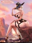  1girl aleska arm_tattoo ashe_(overwatch) ass bikini_top breasts collaboration colorized commentary corset covered_nipples cowboy_hat day dusk earrings english_commentary eyelashes eyeshadow from_behind full_body garter_straps grand_canyon hat high_heels highres jewelry kneepits large_breasts legs lens_flare lipstick lm_(legoman) long_legs looking_at_viewer makeup mascara micro_bikini_top mole mole_above_mouth nature no_panties nose o-ring outdoors overwatch parted_lips platform_footwear platform_heels red_lipstick see-through sitting skindentation skull_earrings solo spaghetti_strap stiletto_heels strap_gap stud_earrings tattoo thick_eyebrows thigh_strap underboob white_hair 