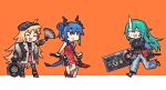  3girls alternate_costume arknights blue_hair boots ch&#039;en_(arknights) china_dress chinese_clothes closed_eyes double_bun dragon_horns dragon_tail dress green_hair horns hoshiguma_(arknights) jacket multiple_girls oni_horns swire_(arknights) sword tail vento weapon 