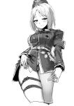  1girl absurdres akitaka_takaaki armband bangs belt blush breasts cropped_legs eyebrows_visible_through_hair girls_frontline greyscale half-closed_eyes highres iron_cross long_sleeves medium_breasts military military_uniform monochrome mp40_(girls_frontline) no_pants short_hair simple_background smile solo thigh_strap uniform 