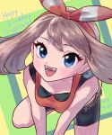  1girl bike_shorts blue_eyes breasts brown_hair fangs highres long_hair looking_at_viewer minapo odamaki_sapphire open_mouth pokemon pokemon_special smile solo 