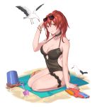  1girl bangle bangs bare_shoulders beach_mat bird black_swimsuit bracelet breasts brown_eyes bucket choker cleavage collarbone commentary_request eyebrows_visible_through_hair eyewear_on_head hand_up highres honkai_(series) honkai_impact_3rd jewelry l.kili large_breasts long_hair looking_at_viewer mole mole_on_breast murata_himeko parted_lips ponytail red_hair revision seagull shovel sidelocks sitting smile solo sunglasses swimsuit water_gun yokozuwari 