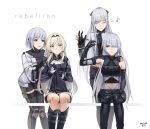  4girls ak-12_(girls_frontline) ak-15_(girls_frontline) an-94_(girls_frontline) ark_john_up bangs black_gloves black_shorts blonde_hair closed_eyes closed_mouth dated defy_(girls_frontline) english_commentary eyebrows_visible_through_hair girls_frontline gloves hair_over_one_eye jacket long_hair long_sleeves multiple_girls navel partly_fingerless_gloves purple_eyes rpk-16_(girls_frontline) short_hair shorts silver_hair simple_background sitting smile white_background wide_sleeves 