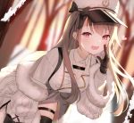  1girl azur_lane black_gloves black_legwear blurry blurry_background breasts cleavage collar commentary_request depth_of_field detached_collar fur-trimmed_jacket fur-trimmed_sleeves fur_trim gloves grey_skirt highres idemitsu jacket long_sleeves medium_breasts open_clothes open_jacket pamiat_merkuria_(azur_lane) shirt skindentation skirt solo thigh_strap thighhighs white_collar white_jacket white_shirt wing_collar 