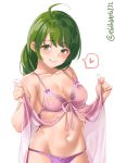  1girl bra braid breasts collarbone ebifurya eyebrows_visible_through_hair green_eyes green_hair groin heart highres kantai_collection long_hair medium_breasts mole mole_under_mouth navel pink_bra simple_background single_braid smile solo spoken_heart twitter_username underwear upper_body white_background yuugumo_(kantai_collection) 