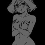  1girl black_background breasts covering covering_breasts greyscale lowres medium_breasts mokorei monochrome nude odamaki_sapphire pokemon pokemon_special short_hair simple_background solo upper_body 