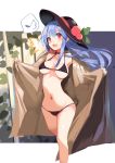  /\/\/\ 1girl bangs bikini black_bikini black_choker black_headwear blue_hair breasts choker commentary_request eighth_note eyebrows_visible_through_hair feet_out_of_frame food fruit groin highres hinanawi_tenshi leaf long_hair looking_at_viewer medium_breasts musical_note navel open_mouth peach red_eyes sidelocks solo spoken_musical_note standing stomach swimsuit tetsurou_(fe+) thighs touhou 