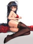  1girl absurdres ass azur_lane bangs bare_shoulders black_hair black_legwear blush breasts choker clyde_s cocktail_dress dress english_commentary eyebrows_visible_through_hair garter_straps gradient gradient_background hair_between_eyes hair_ornament highres large_breasts long_hair looking_at_viewer red_dress red_eyes revision sideboob sitting smile solo taihou_(azur_lane) taihou_(forbidden_feast)_(azur_lane) thighhighs very_long_hair 