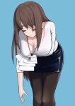  1girl bent_over black_legwear black_skirt blue_background breasts brown_hair cleavage closed_eyes closed_mouth commentary_request feet_out_of_frame highres id_card large_breasts long_hair long_sleeves misoca_30 office_lady original pantyhose paper pencil_skirt shirt simple_background skirt smile solo standing white_shirt 
