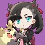  1girl :d asymmetrical_bangs backpack bag bangs black_choker black_hair black_jacket blush chibi choker dress dusk_ball earrings gen_8_pokemon green_eyes hair_ribbon holding holding_poke_ball jacket jewelry long_hair long_sleeves looking_at_viewer mary_(pokemon) mitsuki_meiya morpeko morpeko_(full) open_clothes open_jacket open_mouth parted_lips pink_dress poke_ball pokemon pokemon_(creature) pokemon_(game) pokemon_swsh purple_background red_ribbon ribbon simple_background smile stud_earrings twintails upper_teeth 