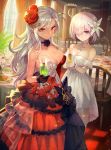  2girls afternoon_party ahoge antenna_hair bare_shoulders black_gloves bouquet breasts chair chandelier choker cleavage cocktail collarbone cropped cup curtains dress drinking_glass fate/grand_order fate_(series) flower flower_choker food formal glass glove_bow gloves hair_flower hair_ornament hair_over_one_eye hands_clasped highres holding holding_cup lack large_breasts lavender_hair light mash_kyrielight multiple_girls official_art olga_marie_animusphere own_hands_together red_dress ribbon_choker salad sandwich shadow smile strapless strapless_dress sunlight table wavy_hair white_dress white_gloves white_hair window window_shade 