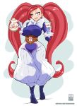  :d artist_name bayeuxman blue_footwear blush boku_no_hero_academia breasts buttons commentary cup dress earrings full_body gloves happy heart highres holding holding_cup holding_teapot jewelry la_brava large_breasts long_hair looking_at_viewer open_mouth pink_eyes red_hair short_eyebrows smile standing teapot twintails very_long_hair watermark web_address white_gloves 