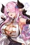  1girl alraco armpits bare_shoulders black_gloves blue_eyes blush breasts cleavage draph elbow_gloves fingerless_gloves gloves granblue_fantasy hair_over_one_eye highres horns large_breasts lavender_hair long_hair looking_at_viewer low_tied_hair narmaya_(granblue_fantasy) open_mouth pointy_ears sleeveless smile solo 