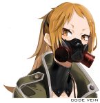  1girl brown_eyes coat code_vein gas_mask gas_mask_canister green_coat highres looking_at_viewer mask masked monone mouth_mask murasame_rin_(code_vein) orange_hair ponytail portrait solo 