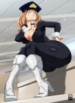  1girl absurdres artist_name bayeuxman black_bodysuit blonde_hair bodysuit boku_no_hero_academia boots breasts brown_eyes choker cleavage covered_nipples curvy eyelashes full_body hand_on_hip hat high_heels highres index_finger_raised large_breasts lips long_sleeves looking_at_viewer medium_hair no_bra parted_lips peaked_cap police_hat rock seductive_smile sitting smile solo thick_thighs thighs utsushimi_kemii white_footwear 