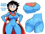  1girl :&gt; ass black_hair blue_bodysuit blue_eyes blush bodysuit breasts bright_pupils cape character_name closed_mouth commentary covered_navel english_commentary genderswap genderswap_(mtf) hands_on_hips highres large_breasts long_sleeves looking_at_viewer rariatto_(ganguri) red_cape simple_background smile solo standing superman superman_(series) white_background wide_hips 