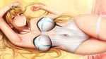  1girl arm_up armpits bare_hips bare_shoulders blonde_hair blush breasts casual_one-piece_swimsuit choker closed_mouth collarbone covered_navel emerald_(gemstone) from_above gem ginhaha highres hikari_(xenoblade_2) large_breasts long_hair lying on_back on_ground one-piece_swimsuit sand skin_tight solo strapless strapless_swimsuit striped sweat swimsuit thigh_strap thighs tiara vertical-striped_swimsuit vertical_stripes very_long_hair water wet white_choker white_swimsuit xenoblade_(series) xenoblade_2 yellow_eyes 