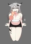  1girl absurdres after_fellatio animal_ears arcbun arknights bandeau bangs breasts cum cum_in_mouth cum_on_body cum_on_breasts cum_on_tongue cum_on_upper_body fangs finger_in_another&#039;s_mouth grey_background grey_eyes hair_ornament hairclip hands_on_ground highres kneeling lappland_(arknights) legs_together midriff navel scar scar_across_eye short_shorts shorts signature silver_hair spread_fingers strapless tongue tongue_out tubetop wolf_ears 