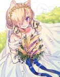  1girl alpaca_ears alpaca_girl alpaca_suri_(kemono_friends) alternate_costume animal_ears bare_shoulders blonde_hair blue_eyes blush bouquet bridal_veil commentary_request dress elbow_gloves eyebrows_visible_through_hair flower gloves gold_necklace hair_bun hair_over_one_eye hair_tubes highres kemono_friends laurel_crown looking_at_viewer noamem short_hair sleeveless sleeveless_dress smile solo veil wedding_dress white_dress white_gloves wreath 