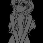  1girl black_background flat_chest greyscale hair_over_breasts long_hair lowres mokorei monochrome nude pokemon pokemon_special simple_background solo sweat upper_body yellow_(pokemon) 