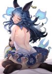  1girl animal_ears arched_back ass back backless_dress backless_outfit bangs biting_hair black_gloves black_legwear black_panties blue_hair blush commentary_request dress erune eyebrows_visible_through_hair ferry_(granblue_fantasy) floating_hair foreshortening from_behind ghost gloves granblue_fantasy hair_between_eyes hair_intakes hair_ornament hand_on_own_arm highres jewelry long_hair looking_at_viewer looking_back migumigu no_shoes open_mouth panties petticoat revision shoulder_blades simple_background single_earring sitting sleeveless sleeveless_dress thighhighs tongue underwear wariza white_background x_hair_ornament yellow_eyes 