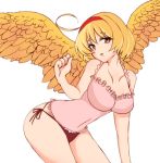  1girl ahoge bird_wings blonde_hair breasts cleavage collarbone curvy eldri feathered_wings harpy ishuzoku_reviewers large_breasts lingerie looking_at_viewer monster_girl open_mouth parted_lips short_hair simple_background solo tiara underwear user_vnch7348 white_background wings yellow_eyes 