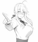  1girl ahoge arms_up artoria_pendragon_(all) artoria_pendragon_(lancer) blush breasts fate/grand_order fate_(series) hair_ribbon large_breasts long_hair looking_at_viewer lvl_(sentrythe2310) monochrome open_mouth ribbon shirt 