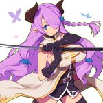  1girl asymmetrical_gloves black_gloves black_legwear blue_eyes braid breasts bug butterfly commentary_request draph elbow_gloves gloves granblue_fantasy hair_over_one_eye holding holding_sword holding_weapon horns insect katana large_breasts long_hair looking_at_viewer metata narmaya_(granblue_fantasy) pointy_ears purple_hair simple_background single_braid single_elbow_glove solo sword thighhighs weapon white_background 