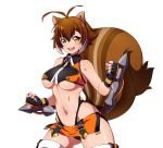  1girl animal_ears bare_shoulders black_gloves blazblue breasts brown_hair commentary fingerless_gloves gloves highres large_breasts looking_at_viewer makoto_nanaya open_mouth short_hair skirt smile squirrel_ears squirrel_girl squirrel_tail tail thighhighs underboob video_game weapon zeshgolden 