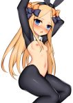  1girl abigail_williams_(fate/grand_order) animal_ears arms_up bangs black_bow black_jacket black_legwear blonde_hair blue_eyes blush bow breasts bunny_ears bunnysuit cropped_jacket fate/grand_order fate_(series) forehead hair_bow jacket long_hair long_sleeves looking_at_viewer multiple_bows navel open_mouth orange_bow parted_bangs revealing_clothes reverse_bunnysuit reverse_outfit shrug_(clothing) simple_background small_breasts solo thighs toshishikisai white_background wing_collar 