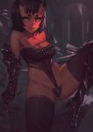  1girl bare_shoulders black_legwear breasts brown_hair cleavage closed_mouth covered_navel crotch_plate horns kidouko_(zakusi) looking_at_viewer medium_breasts metal_boots metal_gloves oni original red_oni red_skin revealing_clothes short_hair sitting smile solo spread_legs thighhighs yellow_eyes zakusi 