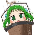  1girl avatar_icon bucket chamaji eyebrows_visible_through_hair falling green_hair hair_bobbles hair_ornament in_bucket in_container kisume looking_at_viewer lowres open_mouth rope short_hair signature solo speed_lines touhou white_background wooden_bucket 