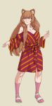  1girl absurdres animal_ears breasts brown_hair cleavage highres large_breasts long_hair long_sleeves looking_down open_mouth pink_eyes pink_legwear raccoon_ears raphtalia robe slippers smile socks solo standing tate_no_yuusha_no_nariagari thwwshark very_long_hair 