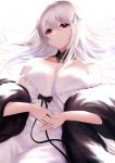  1girl absurdres bare_shoulders breasts closed_mouth collarbone detached_collar dress expressionless feather_boa floating_hair girls_frontline hair_between_eyes higandgk highres jewelry kar98k_(girls_frontline) long_hair looking_at_viewer medium_breasts off-shoulder_dress off_shoulder red_eyes ring silver_hair simple_background solo upper_body wedding_dress wedding_ring white_background white_dress 
