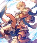  armor blonde_hair blue_eyes gauntlets granblue_fantasy holding holding_weapon kingyo_114 male_focus petals polearm smile solo vane_(granblue_fantasy) weapon white_background 