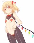  1girl ahoge bangs bare_arms bare_shoulders black_legwear blonde_hair blush breasts commentary_request cowboy_shot crystal flandre_scarlet hair_between_eyes hair_ribbon heart_pasties looking_at_viewer miyo_(ranthath) navel no_hat no_headwear one_side_up pantyhose pasties red_eyes red_ribbon reverse_bunnysuit reverse_outfit ribbon short_hair simple_background sleeveless small_breasts solo standing stomach sweat thighs touhou white_background wings wrist_cuffs 