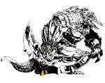  1boy alligator armor blade_(galaxist) crocodilian duto gem greyscale holding holding_weapon league_of_legends male_focus monochrome open_mouth pauldrons renekton scales sharp_teeth solo spot_color tail teeth vambraces weapon yellow_eyes 